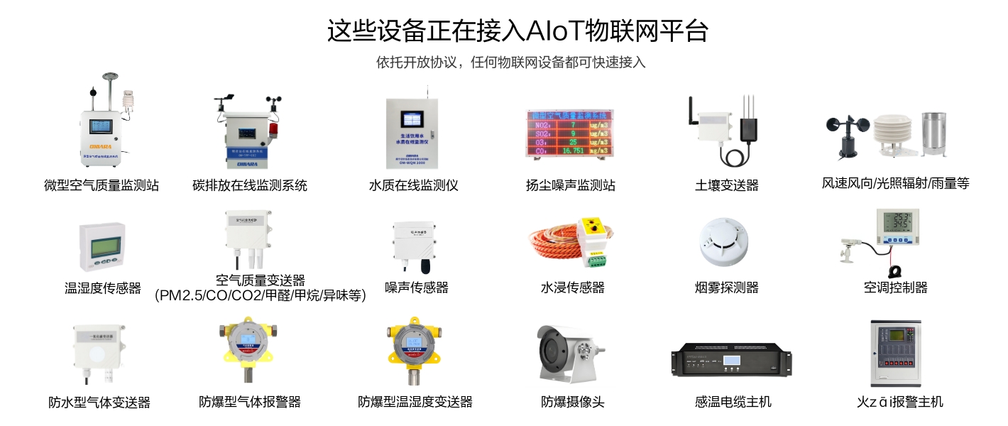 微型空氣站、水質(zhì)監(jiān)測(cè)儀、揚(yáng)塵噪聲監(jiān)測(cè)站、溫濕度傳感器、水浸傳感器、氣體變送器等環(huán)境設(shè)備正在接入物聯(lián)網(wǎng)平臺(tái)