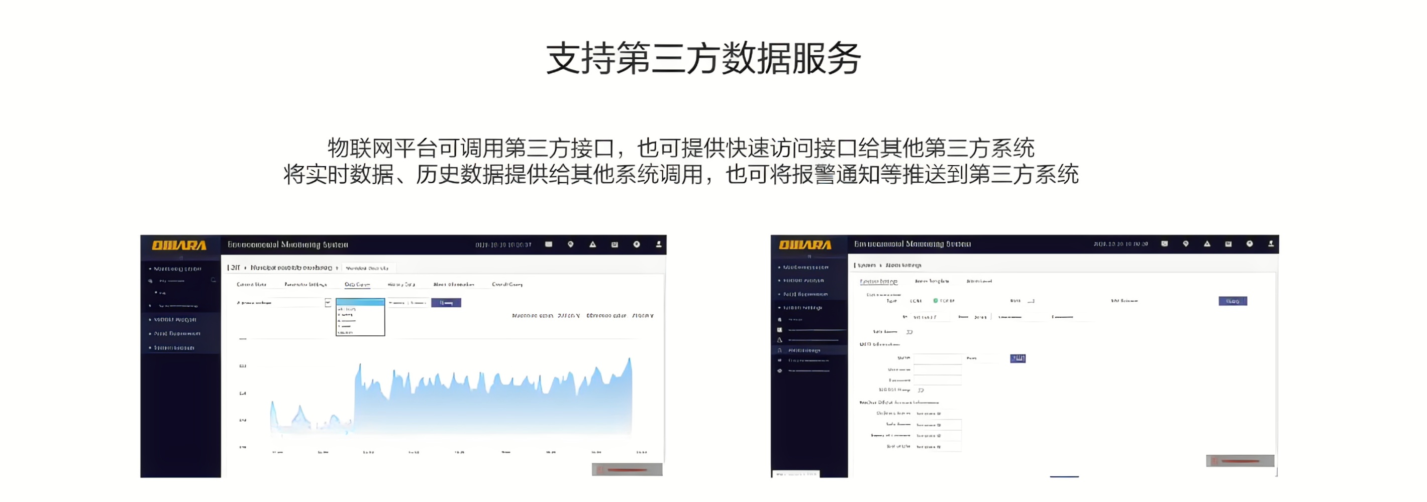 物聯(lián)網(wǎng)平臺(tái)可調(diào)用第三方接口，也可提供快速訪問(wèn)接口給其他第三方系統(tǒng)，將實(shí)時(shí)數(shù)據(jù)、歷史數(shù)據(jù)提供給其他系統(tǒng)調(diào)用，也可將報(bào)警通知等推送到第三方系統(tǒng)