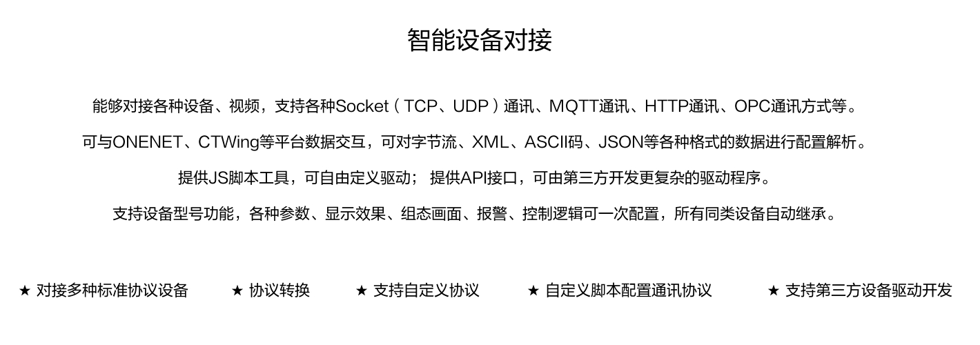能夠?qū)痈鞣N設(shè)備、視頻，支持各種SocKet(TCP、UDP)通訊、MOTT通訊、HTTP通訊、OPC通訊方式等。 可與ONENET、CTWing等平臺(tái)數(shù)據(jù)交互，可對(duì)字節(jié)流、XML、ASCI碼、JSON等各種格式的數(shù)據(jù)進(jìn)行配置解析。 提供JS腳本工具，可自由定義驅(qū)動(dòng);提供API接口，可由第三方開(kāi)發(fā)更復(fù)雜的驅(qū)動(dòng)程序。 支持設(shè)備型號(hào)功能，各種參數(shù)、顯示效果、組態(tài)畫(huà)面、報(bào)警、控制邏輯可一次配置，所有同類(lèi)設(shè)備自動(dòng)繼承。